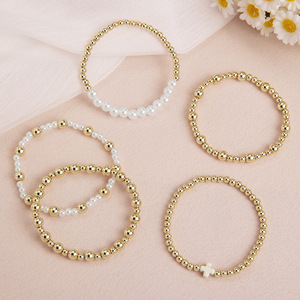<span class=keywords><strong>Bracelet</strong></span> élastique à breloques en forme de croix en imitation perle, plaqué or, avec perles en <span class=keywords><strong>plastique</strong></span>, pour femmes, lot de bijoux, vente chaude, 10 pièces - Product Image 2