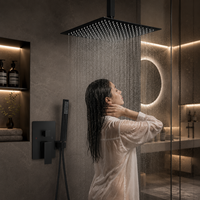 Ensemble de douche de luxe noir carré avec pommeau de pluie et mitigeur à main en laiton, pour salle de bain, à fixation au plafond