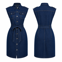 Robe en jean décontractée d'été pour femme, coupe ajustée, sans manches, brodée, avec cordons de serrage, devant entièrement ouvert, jupe mi-longue, finition cirée