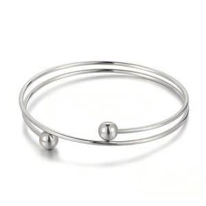 Brazalete Abierto Ajustable con Cuentas, Estilo Minimalista y Moderno, Acero Inoxidable 316L, Tono Plateado, Resistente al Deslustre, Impermeable, Apilable - Product Image 1