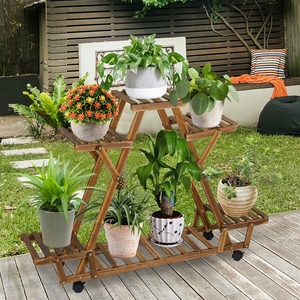 Étagère triangulaire pour plantes avec roues intérieur 6 pots <span class=keywords><strong>de</strong></span> fleurs en bois en <span class=keywords><strong>pot</strong></span> pour patio jardin affichage plantes succulentes plantes à fleurs - Product Image 3