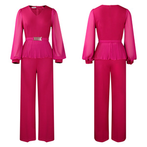 ชุดเซ็ต 2 ชิ้น แฟชั่นสำหรับผู้หญิง เสื้อคอวีแขนยาวทรงหรูหราเข้ารูปเอว จับจีบ กางเกงขายาวทรงกระบอก ทงลอร์ - Product Image 5