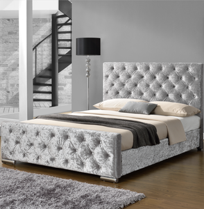 Tall <strong>Headboard</strong> Chesterfileld Linen Fabric Double Size <strong>Bed</strong> <strong>With</strong> Crystal Buttons - Product Image 1