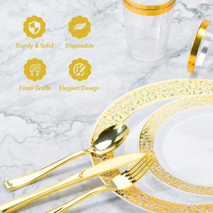 Ensemble de vaisselle en plastique de 9oz avec motif en dentelle blanche jetable pour 25 invités comprenant une tasse à dessert, une assiette à gâteau, un couteau et une cuillère pour les fêtes - Product Image 3
