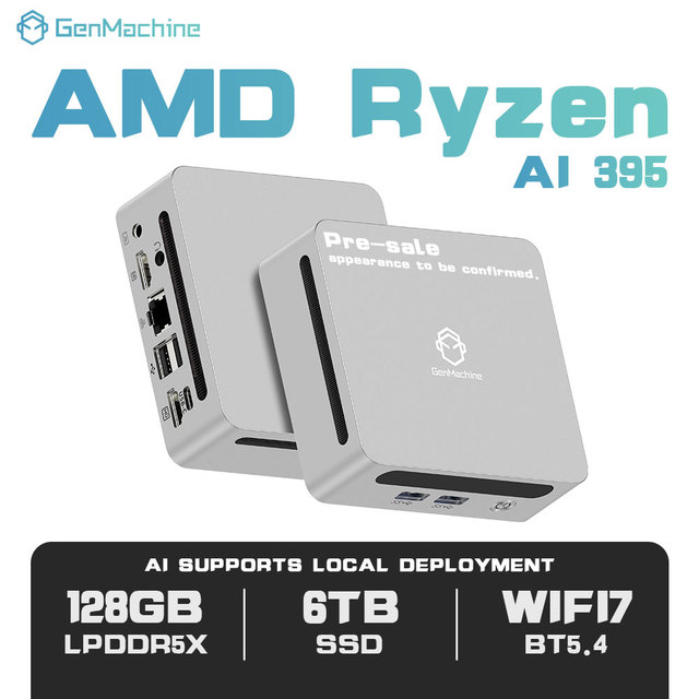 GenMachine AMD Ryzen AI Max 395 Gaming Mini Computer LPDDR5X SSD Mini PC Dual 10G LAN Wifi 7 BT 5.4 Win11 4 Display Screen USB4