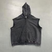 Rompi Hoodie Tanpa Lengan Pria dengan Resleting Penuh, Kantong Kanguru, Efek Acid Wash, Streetwear, OEM ODM, Grosir, Pasokan Massal