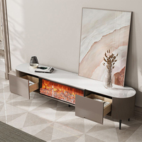 Meuble TV moderne avec cheminée intégrée pour salon, en marbre, bois de luxe et pierre frittée, avec foyer électrique