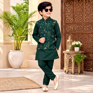 Kids <b>Boys</b> Silk Jacquard Wrinkle Free All Seasons Ethnic Wedding & Festive Wear <b>Kurta</b> Pajama Set - Product Image 1
