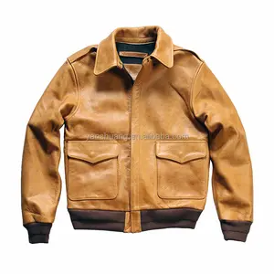 Custom Factory New Bomber Pilot Dynamic Smart Casual Cow Skin Clothings Turmeric Genuine Leather Jacket & Coat Men