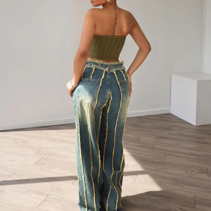 Pantalones Vaqueros Elásticos de Mezclilla para Mujer, Diseño de Varias Capas con Empalmes, Lavado Teñido, para las Cuatro Estaciones, en Oferta - Product Image 3