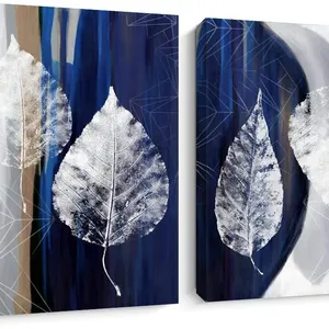 Высокое качество индивидуальный дизайн серебряные листья на синий и серый настенная живопись для домашнего декора