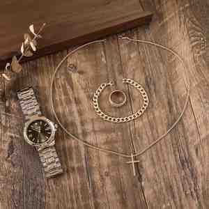 Men's 4 in 1 Jewelry Watch Set <b>Large</b> Dial Stainless Steel Watch Cross Pendant Necklace Bracelet <b>Ring</b> Fashion Male Gift Box - Product Image 5