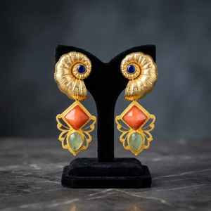 Recién llegado, pendientes largos de piedras preciosas de chaceldony de zafiro con diseño de flor dorada, hidro y naranja y Peridoto, Pendientes colgantes - Product Image 2