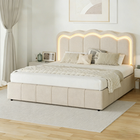 Cama con almacenamiento y elevación a gas, tapizada con diseño de canal en V y capitoné, con cabecero LED, estructura de metal y terciopelo, somier de láminas de madera, fácil montaje
