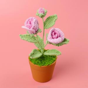 Plante artificielle en pot, fleurs tricotées à la main au crochet, roses pour la décoration de la maison, remise de diplôme, fête des pères, Halloween, haute qualité - Product Image 3
