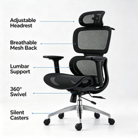 Chaise de bureau exécutive ergonomique haut de gamme en maille avec appui-tête 3D réglable, soutien lombaire et accoudoirs réglables, certifiée BFM