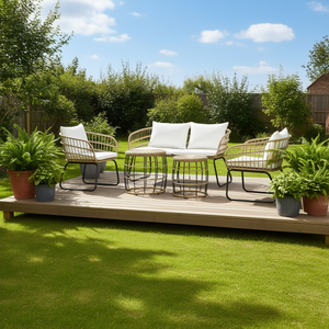 D0100XF3EP8 Ensemble de jardin 5 pièces en rotin blanc crème avec canapé deux places et tables basses rembourrées pour l'amusement en plein air - Product Image 2