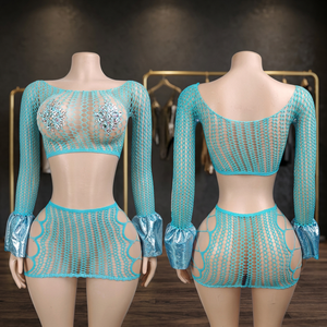 Long-Sleeved <b>Fishnet</b> Hollow Bikini Tights Custom Ballroom Dancewear Spandex/Nylon Kits - Product Image 3