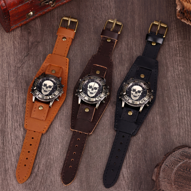 W173 Vintage Hip-hop Style Textured Men's Leather Quartz Watches Fashion and Charm Custom Logo Chronograph Watches