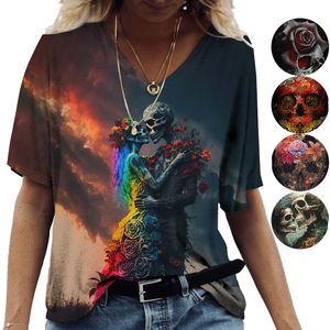 Nouveau T-shirt imprimé à manches courtes en laine respirante 3D avec motif de crâne gothique d'horreur d'été pour femmes et enfants, hauts tendance pour filles, tee-shirt cool - Product Image 2