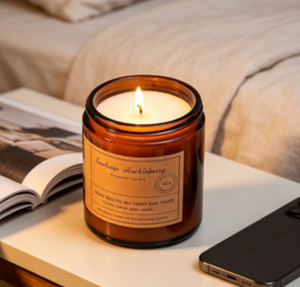 Cire à brûler non toxique à combustion lente dans un élégant récipient en verre ambré, produisant une lueur douce et chaude et un parfum profond et réconfortant, parfaite - Product Image 1