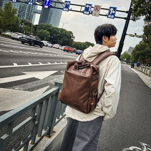 Men's PU <b>Backpack</b> Dark <b>Brown</b> 16 Inch Laptop Bag Business Travel Casual Shoulder Bag - Product Image 3