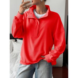 Sweat-shirt surdimensionné personnalisé pour femme en tricot gaufré à manches longues avec col montant à boutons-pression, hauts décontractés pour tenues d'automne - Product Image 2