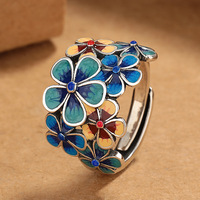 Bague à fleurs en émail cloisonné, style ethnique rétro, faite à la main, ajustable, goutte à goutte d'huile, fleurs florales comme brocart