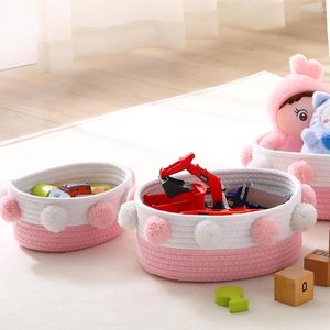 Pliable <span class=keywords><strong>petit</strong></span> rose et blanc jouets maquillage serviette cadeau organisateur Pom Pom décor tissé coton corde <span class=keywords><strong>panier</strong></span> pour salon - Product Image 3