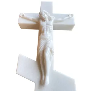 Polished Carved White Marble Jesus Statue Cross Headstone