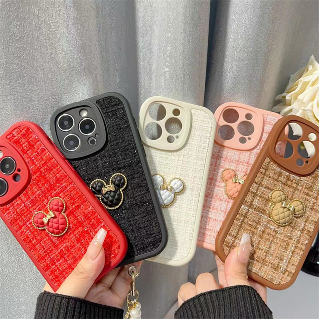 Fashion Weave Fabric Designer 3D Cartoon Pink Mickey Phone Case for iPhone 15 14 13 12 11 Pro Max Plus Girls Women Phone Cases