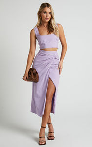 Customized Clothing Factory Co Ord Combinando Linho Sem Mangas Colheita Tops Alta Fenda Torção Midi Saia Longa Conjunto de 2 Peças das Mulheres - Product Image 4