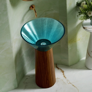 Lavandini in resina colorata di cristallo e grana di legno in <span class=keywords><strong>acciaio</strong></span> inossidabile combinazione di piedistallo Free Standing Art <span class=keywords><strong>lavandino</strong></span> <span class=keywords><strong>bagno</strong></span> lavabo - Product Image 3