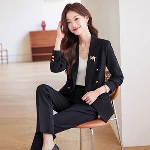 Women's Suit Set Solid Color Polyester Anti-Wrinkle Double Breasted Work Uniform Professional Attire For Office Wear - Product Image 4