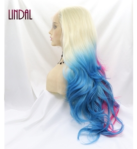 <span class=keywords><strong>Peluca</strong></span> Sintética LINDAL de Fibra de Alta Temperatura, Colores Mezclados de Rosa a Azul, Estilo <span class=keywords><strong>Harley</strong></span> <span class=keywords><strong>Quinn</strong></span>, Ondas Naturales, Todos los Colores, con Frente de Encaje - Product Image 4