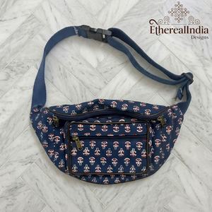 Navy Blue Block Print Waist <b>Bag</b> <b>Boho</b> Fanny Pack Cotton Festival Belt Hip Sling <b>Bag</b> - Product Image 1