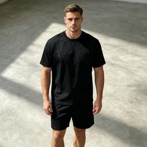 Hot Selling Men's Black Crew Neck T-Shirt With Shorts <b>Set</b> Casual Summer Wear <b>Knitted</b> Cotton Solid Color Two Piece <b>Set</b> for Men - Product Image 1