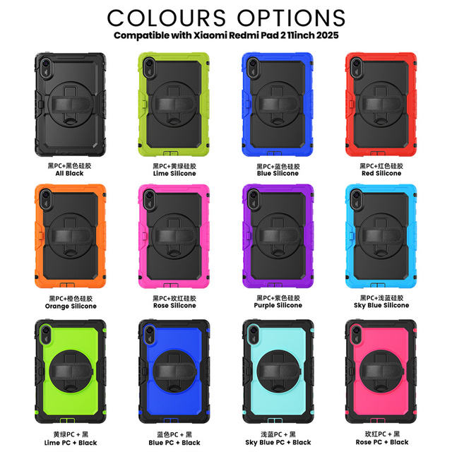 Silicone PC Shockproof Rugged Tablet Case for Redmi Pad 2 11 Inch 2025 With 360 Rotation Kickstand and Shoulder Strap