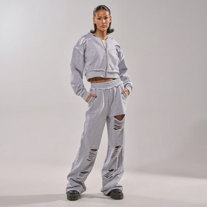 Conjunto de Sudadera con Capucha y Cremallera Gris Oversize, Pantalones de Pierna Ancha con Diseño de Corte, Ropa Unisex para Otoño, 100% Algodón Transpirable y Ecológico - Product Image 1