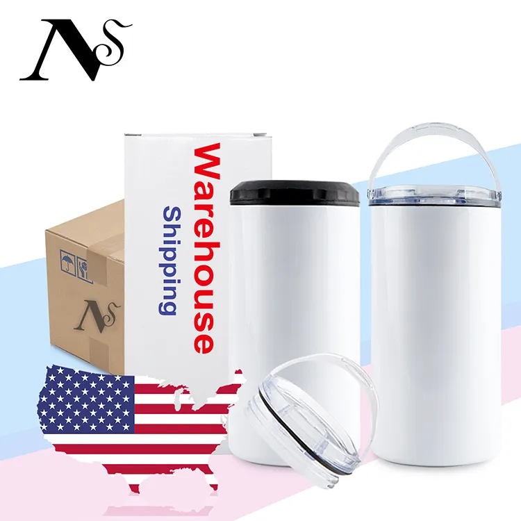 USA Warehouse 2024 New Product 16oz 4 In 1 Sublimation Stainless Steel Mug Cups Can Cooler With Handle Lids