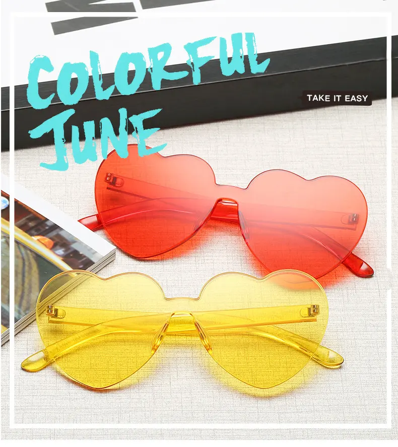 Amour coeur forme lunettes de soleil femmes sans monture cadre teinte clair lentille coloré lunettes de soleil femme rouge rose jaune nuances voyage