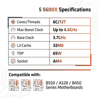 Kompatibel untuk Ryzen 5 5600X New Tray 6-Core 12-Thread AM4 CPU 3.7GHz Base Hingga 4.6GHz Boost 65W DDR4 PCIe 4.0 Upgrade