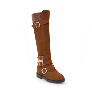 Red <b>Knee</b>-<b>High</b> Suede Boots Round Toe Flat Heel Buckle Strap Style Anti-Slippery Rubber Outsole <b>high</b> heel Drop Shipping - Product Image 2