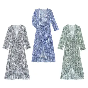 green grey blue ruffle hem paisley girl women pleated long chiffon beach dress