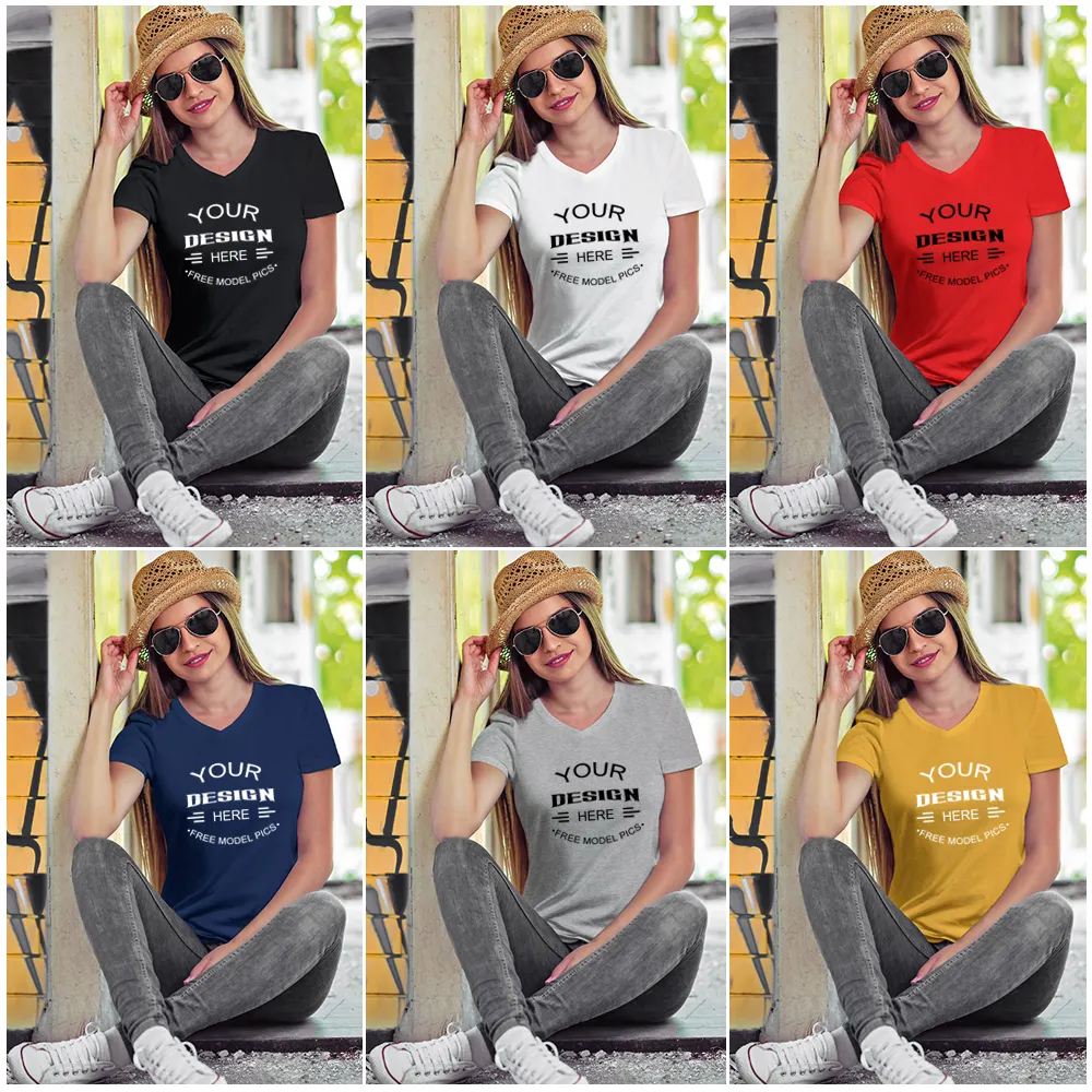 Bulk Wholesale High Quality Short Sleeve 100% Cotton Crew Neck V-neck Women Blank T-shirt With Private Label