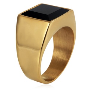 yunnique Men's <b>Gold</b> Steel Color Geometric <b>Ring</b> Black Gemstone Bezel Setting Jewelry Gift - Product Image 4