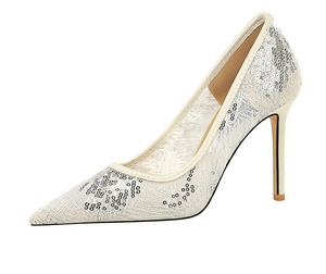 Nouveauté 2025 Escarpins pour femme à paillettes et dentelle, à bout pointu, talons aiguilles, en maille ajourée, à décolleté peu profond, pour soirée - Product Image 3