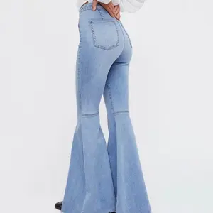 Calça jeans feminina cintura alta, cintura alta elástica emendada trumpet para mulheres primavera outono