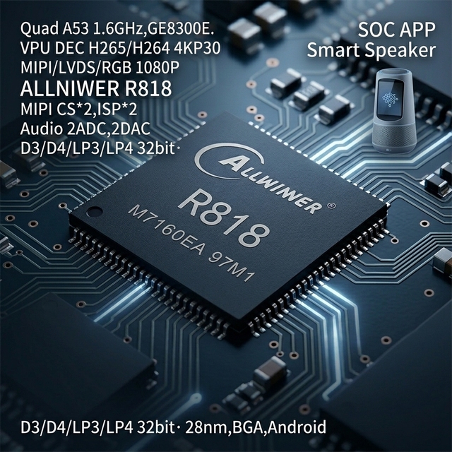 Original Allwinner R818 Quad Core Cortex A53 SoC PowerVR GE8300 4K Decode LFBGA346 Smart Screen Speaker Chip Support DDR4 LPDDR4