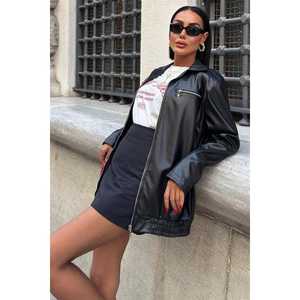 Chaqueta de Cuero Negra para Mujer Sobe, Manga Larga, Resistente al Viento, Informal, para Todas las Temporadas, Tejida - Product Image 6